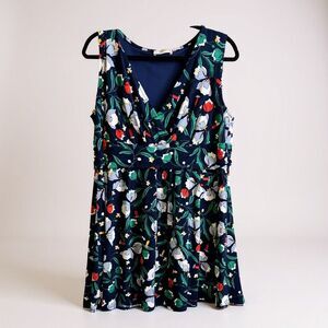Jessy B Floral Print Dress Sleeveless‎ V Neck Fit & Flare Navy Blue 2X Plus Size